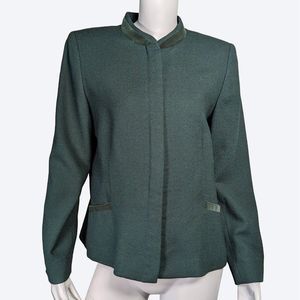 Pendleton Emerald Green Wool Blazer with Mandarin Collar and Velvet Trim | 10